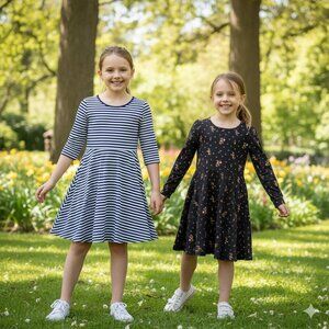 Bundle of Two Girl's Size Large Stripes & Florals Skater Style Casual Dresses